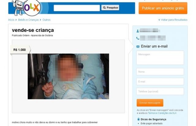 Sinal dos Tempos: Bebê é vendido por R$ 1 mil em anúncio na internet